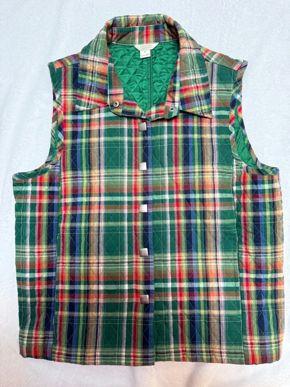 Christopher & Banks Plaid Quilted Vest Womens M Green Snap Front Preppy